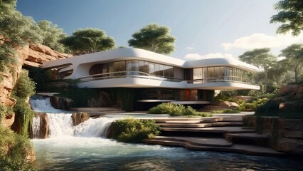 Fototapeta na wymiar Modern-style house surrounded by nature. A cascading waterfall in a lush park with a winding river reflects the vibrant summer sky. create with ai