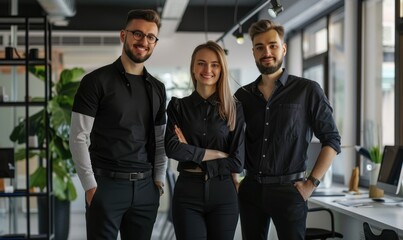 A team posing with black company shirt and black pants