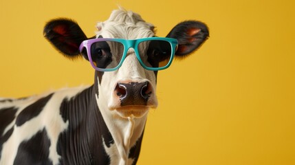 Cheerful cow wearing stylish sunglasses posing in front of soft pastel color studio backdrop
