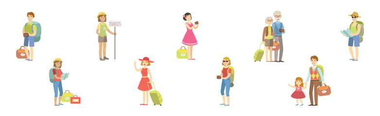 People Character Travel with Suitcases and Bags Vector Set