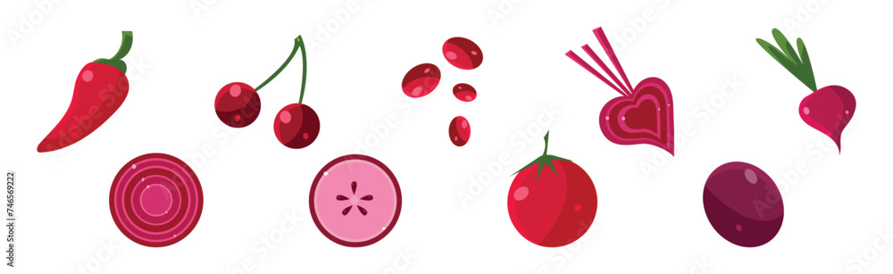 Sticker flat red fruit and vegetable icon vector set