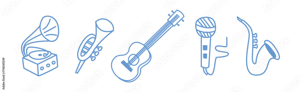 Poster music object and instrument blue line element vector set