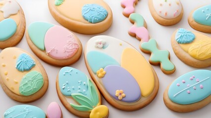 Easter Cookies In Pastel Colors On A White Backround.Generative AI
