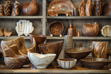 Assorted handcrafted wooden bowls on display - A collection of intricately handcrafted wooden bowls and carvings is showcased on a shelf, reflecting artisanal craftsmanship