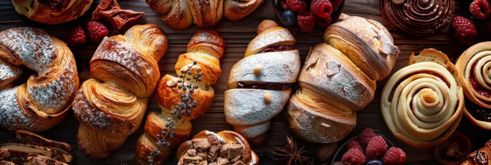 Fotobehang Assortment of freshly baked goods and pastries - Delicious spread of various freshly baked goods, perfect for food lovers and culinary backgrounds © Mickey