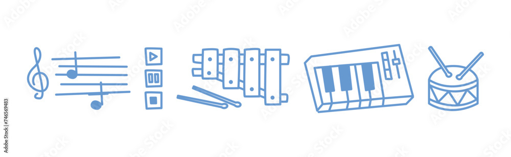 Poster music object and instrument blue line element vector set