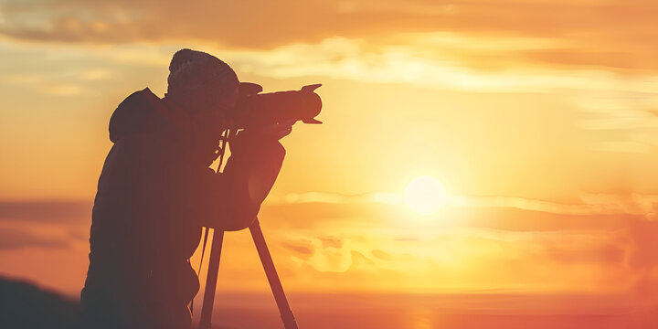 Silhouette of photographer with his equipment during sunset, World photography day illustration with photographer taking pictures,