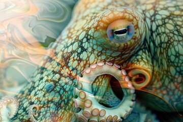 Fototapeta premium A close-up of an octopus overlaid with the swirling patterns of ocean currents in a double exposure