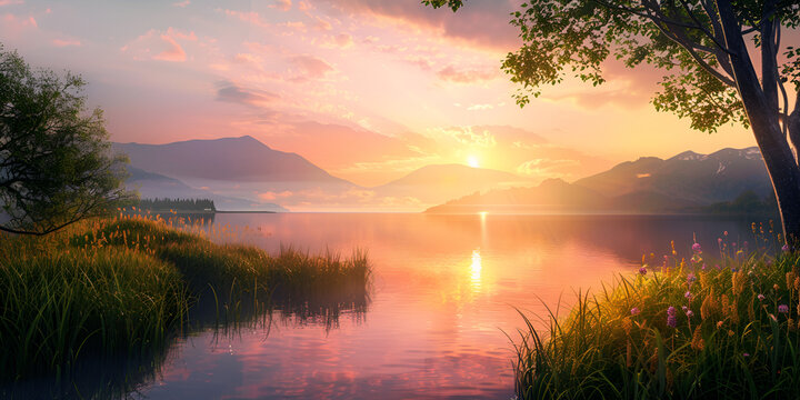 Silhouette ,a painting of a sunset over a lake, a detailed matte painting ,A stunning dawn in the springtime over the riverbanks, Sunset, Sunrise Summer Landscape. Beautiful Nature. Blue Sky, amazing