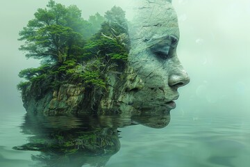 An ethereal image showcasing a lush forested island perfectly mirrored in the serene waters of a calm lake