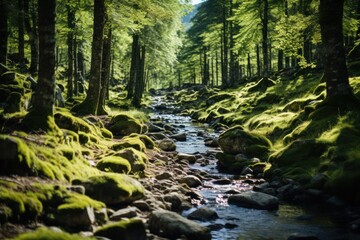 Stream Flowing Through Lush Green Forest Generative AI