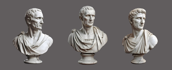 Busts of Roman patricians on a gray background. Marble sculpture of ancient generals and senators.	