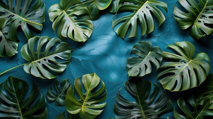 Collection of tropical leaves, foliage plant in blue color background