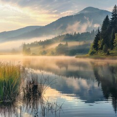 Fototapeta premium Beautiful nature landscape with mountains and lake