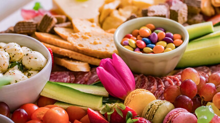 Cheese board served with fruits, vegetables, ham, crackers, sweets. Plate of cheese and snacks on...