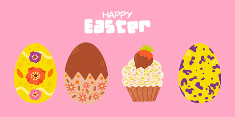 Cute Easter card set. Spring collection of animals, colorful Easter eggs and decorations. For poster, card, scrapbooking , stickers