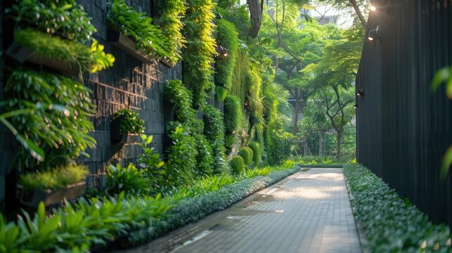 bustling cityscape, a tranquil pathway meanders through a verdant oasis of greenery and natural beauty. Lined with lush foliage and vibrant plant life