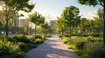 bustling cityscape, a tranquil pathway meanders through a verdant oasis of greenery and natural beauty. Lined with lush foliage and vibrant plant life - obrazy, fototapety, plakaty