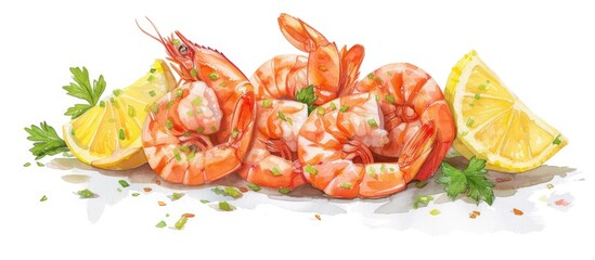This painting depicts a dish of shrimp cooked with garlic and lemon, garnished with parsley, set against a white background. The vibrant colors and textures of the shrimp, lemons, and parsley are