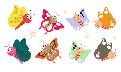 Cartoon butterfly illustration. Cute smiling character for childish design. Flat vector illustration isolated on a white background.