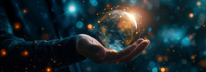 Businessman holds a glowing globe in his hands. Business innovation concept.