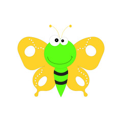 Cartoon butterfly illustration. Cute smiling character for childish design. Flat vector illustration isolated on a white background.