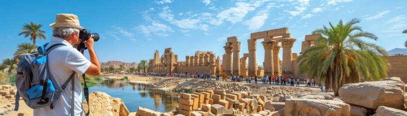 Egypt's ancient landscape, a curious traveler captures the majestic allure of antiquity through the lens of their camera - obrazy, fototapety, plakaty