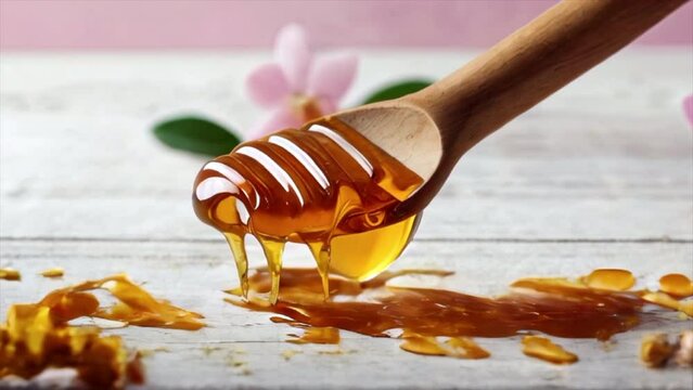 Depilation and beauty concept - sugar paste or wax honey for hair removing flows down from wooden waxing spatula sticks on flower background