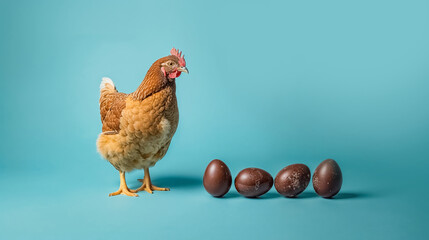 une poule se tient debout à côté d'œuf de pâques en chocolat noir - fond turquoise