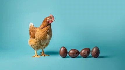 Fotobehang une poule se tient debout à côté d'œuf de pâques en chocolat noir - fond turquoise © Fox_Dsign