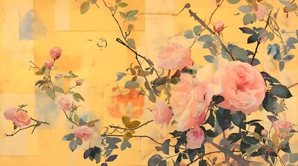 Classic style background. Watercolor vintage mixed of pink rose and orange fruit
