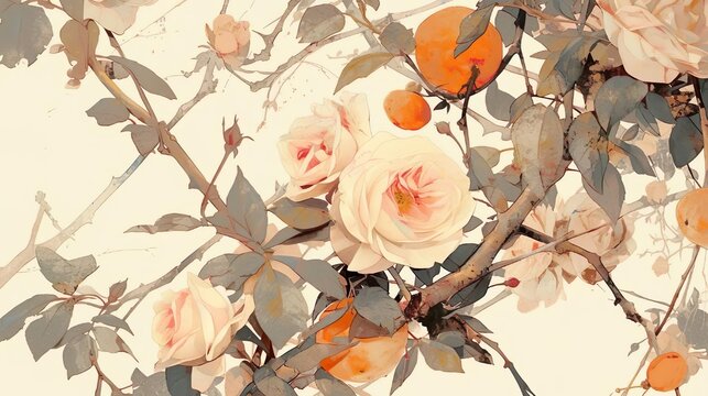 Watercolor vintage mixed of pink rose and orange fruit. Classic style background