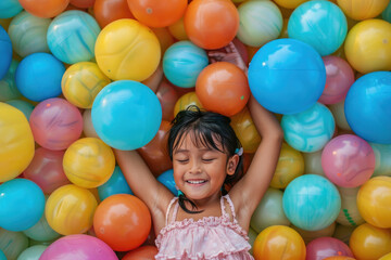Fototapeta na wymiar Portrait of happy kid child playing at balls pool playground