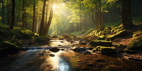 Stream Flowing Through Lush Green Forest Generative AI - obrazy, fototapety, plakaty