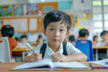 Portrait of little Asian boy child student writing in book while sitting at table in classroom