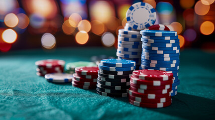 Casino poker chips and dice close-up photography mockup