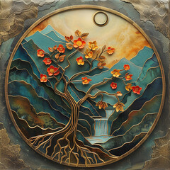 Cheerful cute illustration, lively Tree of Life, warm architectural bronze, refreshing glacier, dreamy catcher