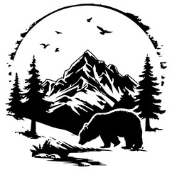 bear in forest with mountain vector illustration