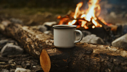 Enamel cup of hot coffee on old log by outdoor campfire. Cooking hot drink in nature camping - obrazy, fototapety, plakaty