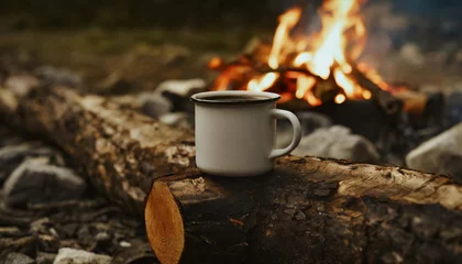 Selbstklebende Fototapeten Enamel cup of hot coffee on old log by outdoor campfire. Cooking hot drink in nature camping © happyjack29