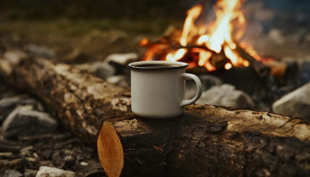 Enamel cup of hot coffee on old log by outdoor campfire. Cooking hot drink in nature camping