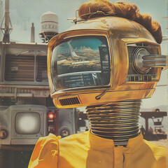Surreal portrait of a person with a vintage TV for a head displaying a desert landscape, in a retro-futuristic setting.