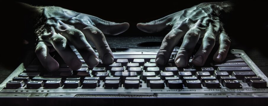 Nocturnal coders hands on a keyboard hacking in progress ambient light casting shadows digital code flows