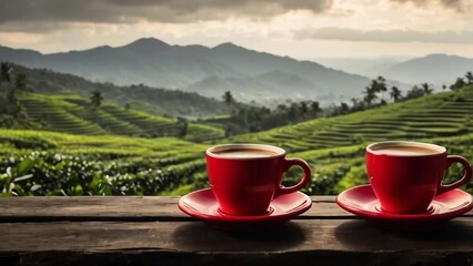 cup of coffee against the background of a field with a plantation