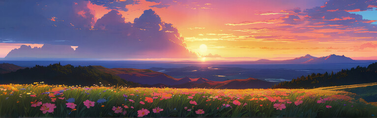 sunset over the mountains . static illustration . 