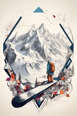 Man Standing on Snow-Covered Mountain Summit, Enjoying Panoramic View. Generative AI.