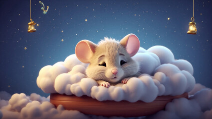 cute mouse sleeps on a fluffy cloud. Drawing for a children's room
