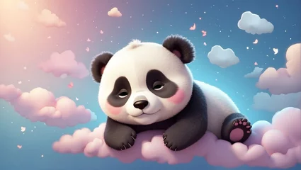 Tuinposter cute panda sleeps on a fluffy cloud. Drawing for a children's room © woodbe