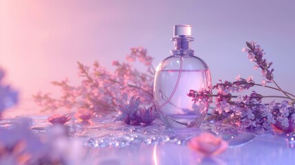 Obraz na płótnie Canvas Fresh aroma. Idea of sweet pure smell of flowers for girls. Place for text. Empty perfume bottle mockup for cosmetic branding. Open bottle of perfume with flowers, drops of water composition.