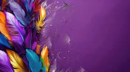 Wandcirkels plexiglas Feathers on a purple background, suitable for design with copy space, Mardi Gras celebration. © SAIRA  BANO